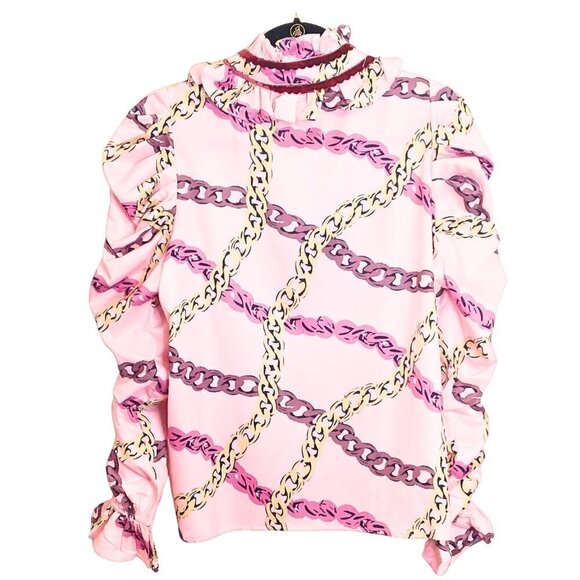 LA'ROS COLLECTIONS RUFFLED PINK & BURGUNDY RUCHED SLEEVE BLOUSE - SIZE S - Picture 7 of 8